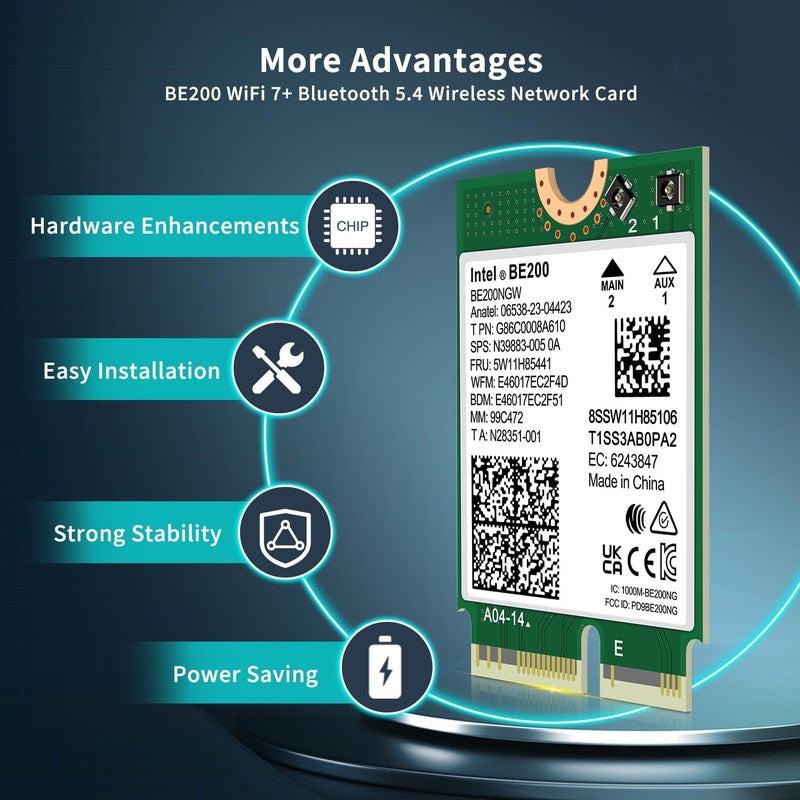 GigaPlus WiFi 7 Wireless Card Intel BE200 NGW, Bluetooth 5.4, 5800Mbps M.2/NGFF Not Support AMD, Only Supports Intel 12th Generation and Above CPUs Windows 10/11 (64bit), Linux - Image 4